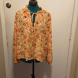 SHEIN Womens Blouse Yellow/Orange Floral long sleeve Tie front lg